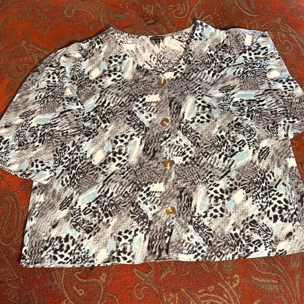 Coco + Carmen Black, White & Light Blue Animal Print Blouse with Gold Buttons